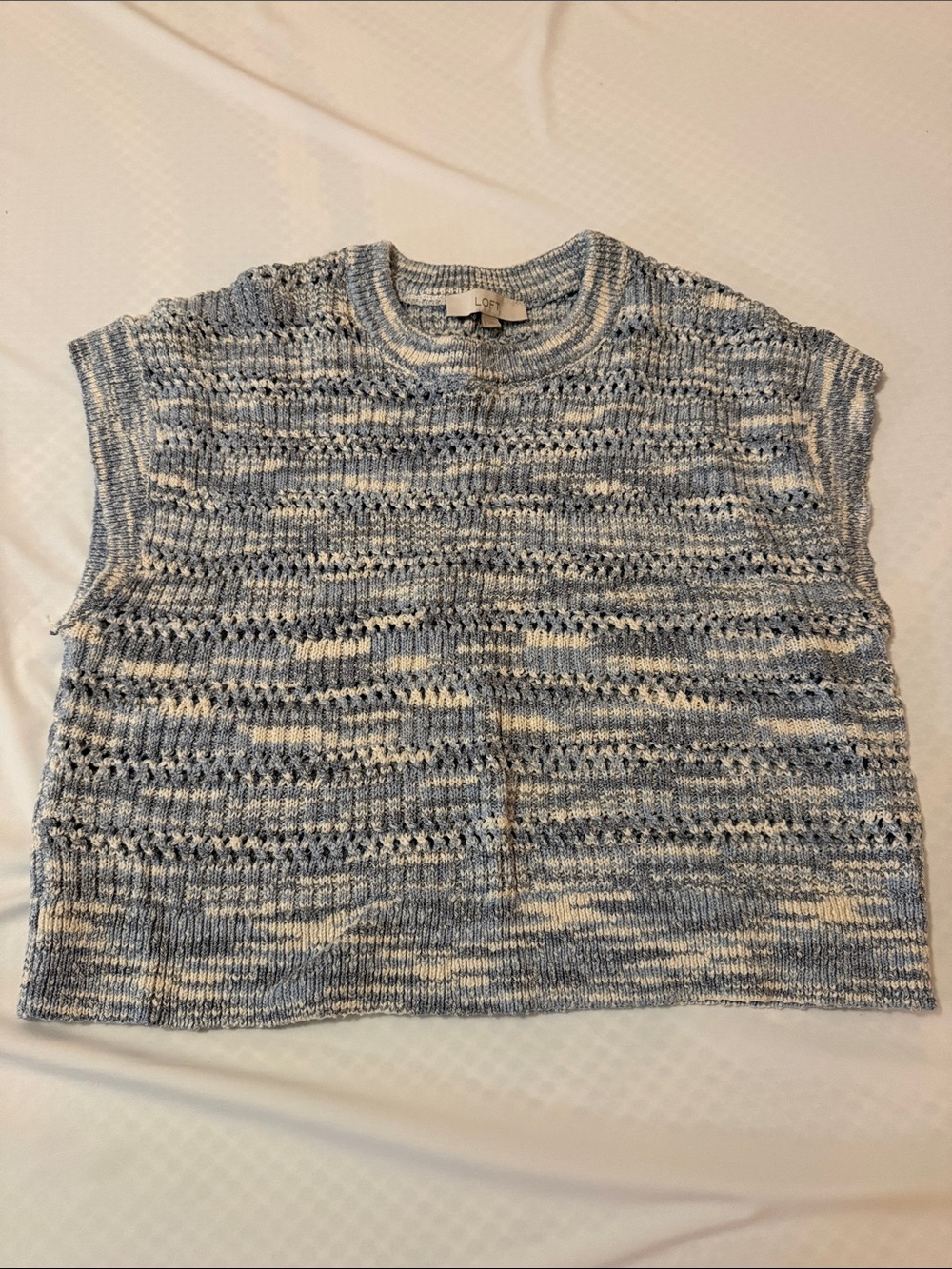 LOFT Blue and Cream Marled Knit Sleeveless Crewneck Sweater